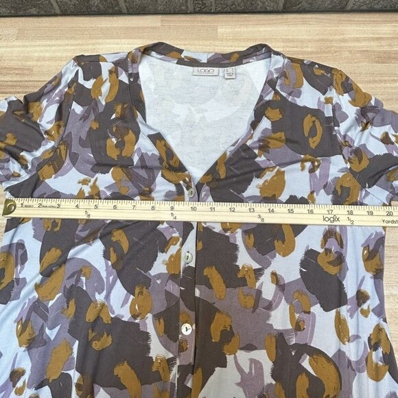 LOGO Lori Goldstein Sz M Fall Colors Print Stretch Jersey Cardigan Top Pockets - Picture 11 of 16